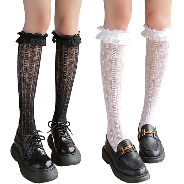 Chaussettes à Volants En Dentelle Pour Femme - Blanc Et Noir