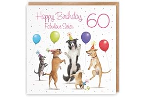 Hunts England 60th Sister Birthday Card - Dancing Dogs - Fabulous Sister - Age 60 - Women's 60th Birthday Card - Milo's Gallery - Funny