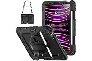 SEYMCY Case for iPad Pro 11 Inch, iPad Pro 4th/3rd/2nd/1st Generation 2022/2021/2020/2018 Case with Rotating Stand & Hand Strap, Screen Protector Pencil Holder, Shockproof Pro 11 2022 Case, Black