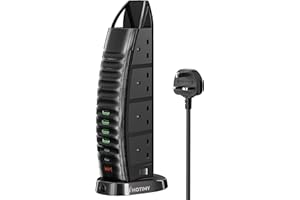 HOTIMY Tower Extension Lead with USB Slots 2M, 8 Way Outlets Multi Plug Extension Tower with 6 USB (2 Type C & 4 USB A Ports) Overload Protection Extension Cord with 2 Independent Switches, Tower Power Strip