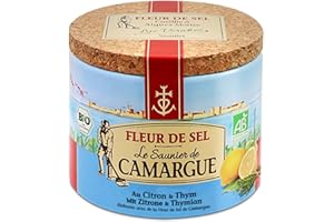 Le Saunier De Camargue Fiocchi di sale, Fleur de Sel, limone e timo per condimento, scatola rotonda, 125g