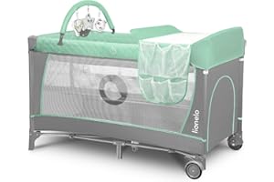 lionelo FLOWER Lettino da campeggio neonato Dalla nascita fino a 36 mesi, Pieghevole, Duo livelli, Entrata laterale, con Matteraso, Fasciatoio, Portaoggetti, Giocattoli pendenti, Borsa