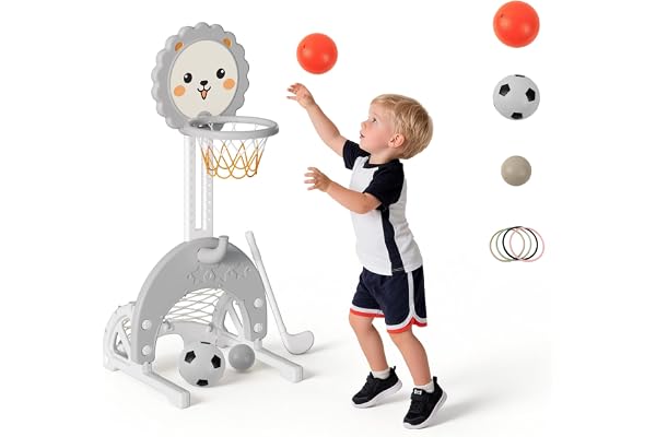 hoopyosms 3 en 1 Panier de Basket Enfant - Hauteur Réglable avec But de Football et Lancer d’Anneaux, Mini Panier de Basket, Intérieur et Extérieur, pour Tout-Petits, Gris