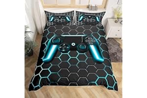 Tabeskly Boy Black Blue Gaming Bedding Duvet Cover Set Single, Kids Gamepad Gamer Soft Zipper Childrens Full Bed 3 Piece Quilt Covers and Pillowcases 200×200cm