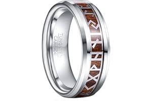 GALANI 8mm Mens Ring Silver Tungsten Ring with Viking Rune and Wood Inlay Men's Viking Ring Promise Wedding Band Couple Rings for Men Women Daily Wear Jewelry Ring Beveled Edge Comfort Fit Size N-Z+1