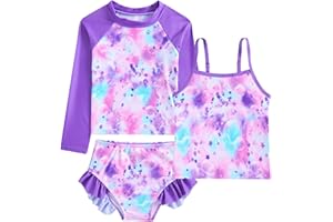 Belovecol Girls Swimming Costume 3-Piece Bathing Suit Long Sleeve Swimsuit with Ruffle Shorts Tankini Sets Beachwear 4-10 Years