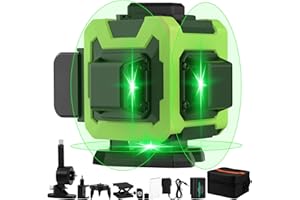 OMMO Laser Level Self-Leveling 3x360°, 12 Lines Green Cross Line Laser, 2x3000mAh Rechargeable Batteries(Type-C Charging Port), Remote Cotrol, Adjustable Brightness, Magnetic Base, Rotary Stand