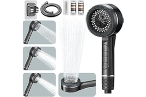 SKUURTFR Pommeau de Douche Haute Pression, Pommeau de Douche Anti Calcaire, avec Tuyau Douche 1.5M et Support de Douche, 4 Types de Jets Pommeau Douche Economie Deau avec Bouton D'arrêt D'eau, Gris