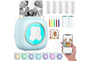 Carseatty Mini Thermal Printer with LED, Portable Bluetooth Inkless Printer Compatible with Android and IOS, Pocket Sticker Printer for Printing Photos, Sticky Notes, Lists (C23 blue)