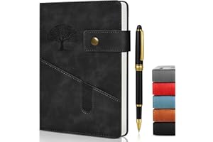 DOUBLECARE A5 Notebook Lined Journal with Divider, Large Hardcover Leather Journal with Pockets, 100gsm Thick Notepad, Ruled Notebook with Pen School Supplies Office, Business Travel, for Men Women (Black)