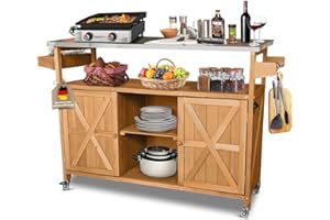 Servierwagen mit Rollen James Küchenwagen aus Holz mit Edelstahltop, Kücheninsel mit Türen, Handtuchhalter, Raumwunder, Küchenschrank Rollwagen LxBxH ca.: 138 x 47 x 92 cm