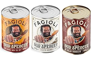 Selezione Fagioli BUD SPENCER 1 Barattolo Fagioli Neri Tex-Mex + 1 Barattolo Fagioli Pinto + 1 Barattolo di Fagioli Slasa Barbecue, Barattoli da 400gr con esclusivo adesivo Zeus Party
