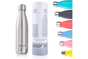 Moon Bottles - Insulated Water Bottle That Lasts Forever - 18/8 Stainless Steel Vacuum Flask - Double Walled Drink Bottle - Thermal Metal Flasks, Leakproof, 24hrs Cold & 12 Hot (1 Litre, Silver)