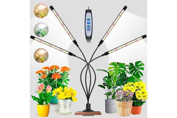 Garpsen Lampe pour plantes, 80 LEDs Lampe de culture, 4 têtes de lumière à spectre complet Led pour plantes d'intérieur avec minuterie Auto ON & Off 4/8/12H, 3 types de mode, 10 niveaux de luminosité