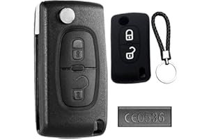 LÍNEA NOVA Set Carcasa Llave Compatible con Peugeot Citroen 2 Botones + Llavero y Funda Silicona – Compatible con Peugeot 207 307 Partner, Citroen C3 C4 Berlingo – Repuesto Mando Coche con Zocalo de Pila