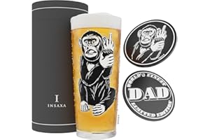 INSAXA Father's Day Gifts Dad Gifts - Cheeky Monkey Dad Beer Glass (1 Pint/580ml) and 2 Silicone Coasters - Dad Birthday Gifts for Dad Christmas Gifts for Dad Presents for Dad Fathers Day Gift Cider Glass