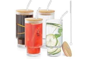 Anhow Lot de 4 Verre avec Paille, 350ml Striés Verre Bubble Tea avec Couvercle et Paille Verre Canette pour Smoothie, Bière, Cocktail, Cafe, Soda - Transparent