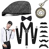 Wearxi 20s Accessories Men's Gatsby Hat Men's Costume Braces Mafia Costume Set, Gangster Hat, Neck Loop Pocket Watch, Moustac