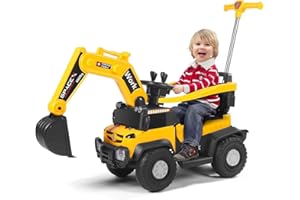STYPLZ Tracteur électrique avec barre coulissante, pelleteuse, 12 V, pour enfant, avec lumière LED, système musical, protection complète à 360 °, avec phare, pour enfant à partir de 18 m