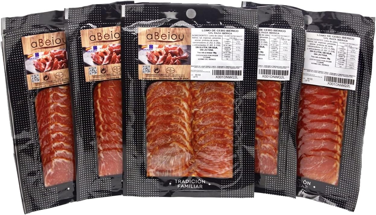 Lomo Ibérico de Cebo Loncheado 50% Raza Ibérica 500 g (5×100 g) — Curación +12 Semanas — Cert. Hycer — Guijuelo Salamanca — aBeiou