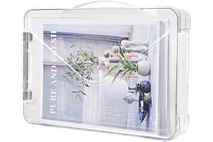 Elezeal Clear Storage Boxes with Lid - A4 Transparent Paper Storage Organiser with Handle and Portable Project Case Organizer for Storing Certificates, Scrapbook, Toys, and Invoices(White Handle)