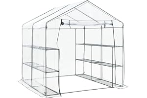 [EN.CASA] Serra da Giardino con 6 Ripiani (LxPxA) 200 x 200 x 220 cm Copertura in PVC e Telaio in Acciaio - Apertura Porta con Zip - Forma di Casetta