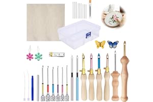 LES-THERESA Lot de 35 Kit Punch Needle Adulte avec Manche en Bois, Kit Broderie Punch Needle, Aiguille Punch Needle, Kit de Broderie Punch Needle, Enfileurs D'aiguille Tissus de Broderie pour Débutants, Croix