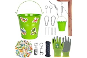 ZJKUBOIS Children's Pulley, Accessories for Tree House/Play Tower, Pulley Set Includes Metal Bucket, Dinosaur Garden Gloves, Pack of 50 Dinosaur Stickers, Toy for Children from 3 Years