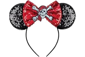 QYLAZUNE Halloween accessories Pirate Mouse Ears Headband Sparkly Black Sequin Ears With Red Skull and Crossbones Bow, Fun Costume Accessory for Trick Or Treating, Masquerade, Cosplay, and Halloween Party