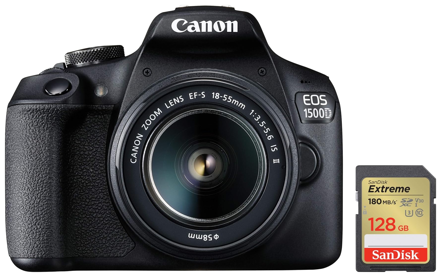 Canon EOS 1500D 24.1 Digital SLR Camera (Black) with EF S18-55 is II Lens & SanDisk Extreme SD UHS I 128GB Card for 4K Video 