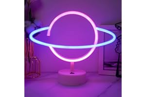 JEMESI Insegne al neon a forma di pianeta, blu e rosa, insegna luminosa a LED alimentata da batteria/USB, luce notturna per camera da letto, insegne al neon con base, luci al neon a LED, per feste di