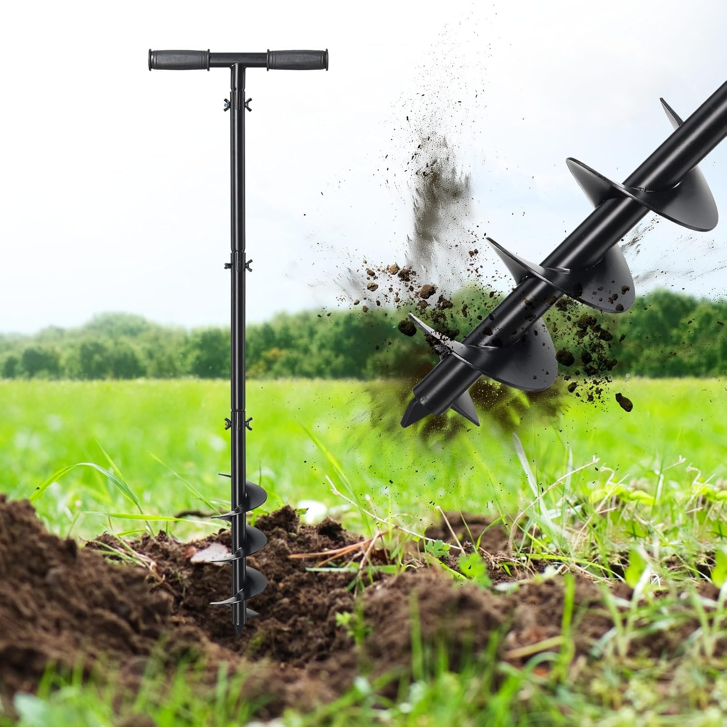 DAKEPOLE Excavadora de agujeros para postes, 96 cm de largo, Ø150mm barrena manual de tierra perforadora de agujeros para postes con mango antideslizante, barrena manual en espiral para cultivo