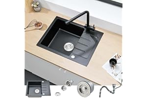 Bokaiya Fregadero Cocina Negro 60 X 45 cm, Fregadero Cocina 1 Seno, Fregadero Cocina Granito Con Rebosadero, 2 Orificios Para Grifo Y Sifón, Adecuado Para Estaciones de Cocina