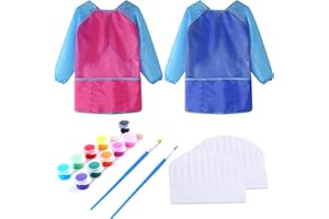 FZSECRIU Confezione da 2 bavaglini da dipingere, grembiule impermeabile per bambini, con 12 colori e due cappelli usa e getta per offrire una protezione completa, Blu, m