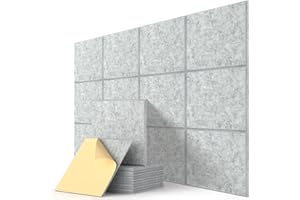 Sound Proofing Panels, Kuchoow Acoustic Panels Self-Adhesive, 12 Pcs High Density Soundproofing Panels for Ceiling/Door/Wall Decoration and Acoustic Treatment (12" X 12" X 0.4") Gray