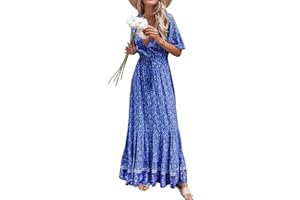 R.Vivimos Women's Summer Boho V Neck Button Up Short Sleeve Bohemian Print Ruffle Hem Beach Style Long Maxi Dress Vocation