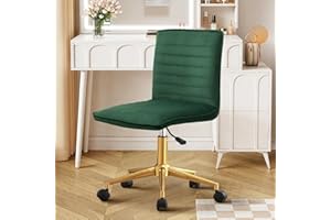 ‎HELLOVE Hellove Dressing Table Chair with Wheels, Velvet Swivel Chair, Height Adjustable with Golden Metal Base, Armless Makeup Vanity Chair, Dressing Stool with Backrest for Bedroom, Dressing Rooms, Green