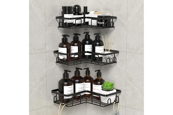 UUlioyer Étagère de Douche sans Percage, Etagere Salle Angle de Bain, Rangement Douche pour Nettoyant pour Corps de Shampoing (3 Pièces Etagère Salle Angle- Noir)