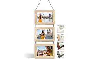 NEOWS Portafotos Múltiple Decorativo para Colgar en Pared - Marcos de Fotos Multiples de Madera Con Cuerda - Collage Portarretratos Colgante - Fotos 10x15 cm (Roble Natural, 3 Fotos Horizontal)