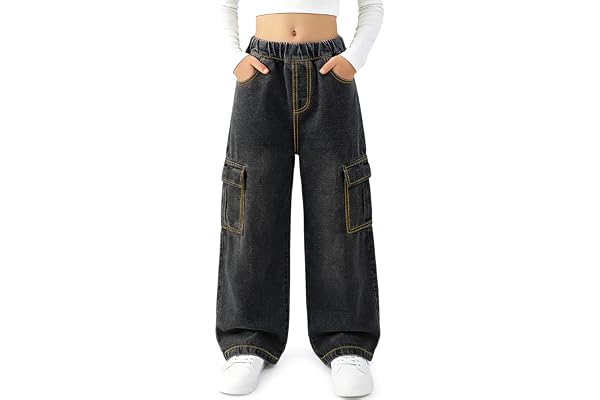 Keyck Baggy jeans för flickor, cargobyxor med lösa breda ben tonårsbyxor med elastisk midja, lös passform, jeans, med flera fickor, mode, casual, streetwear, för barn 7–15 år