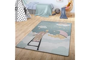 ‎TT HOME TT Home Teppich Kinder Kinderzimmerteppich Junge Mädchen Kinderteppich Babymatte Wolken, Farbe: Türkis Weiß Gelb, Größe:120x160 cm