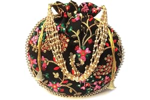 GULAAL ART Indian Handmade Flower Embroidered Olive green Cotton Potli Bag Clutch Purse Pouch Drawstring Bag For Women's Wedding Gift