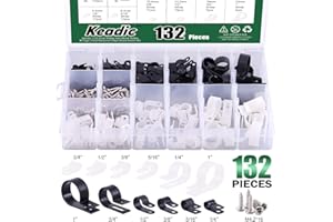 Keadic Cable Clamp 132 Pack Nylon R-Type Cord Fastener Clips Assortment Kit White and Black with 135 Pack Stainless Steel Screws, Great for Wire Management