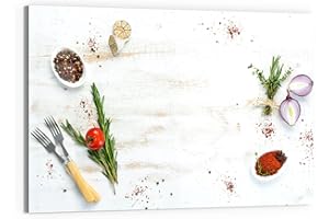 DEQORI Tableau magnétique en verre - 90 x 60 cm - Motif herbes de cuisine et épices - Tableau mémo en verre - Avec aimants, stylo et chiffon pour cuisine et bureau - Tableau magnétique et inscriptible