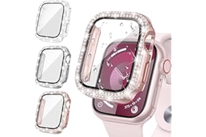 Neitra [3Stück] Glitzer Diamanten Hülle für Apple Watch Series 9 8 7 45mm, Hart PC Bumper Case mit HD Gehärtetes Displayschutz Folie, Bling Schutzhülle Cover Smartwatch Zubehör für Frauen Mädchen