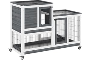 PawHut Conigliera da Interno in Legno di Abete con Ruote, Vassoi Estraibili e Casetta per Conigli con Rampa, 110x50x88 cm, Grigio e Bianco