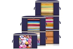 MAISITOO Cajas Almacenaje Ropa 6 Piezas, 90L Almacenaje Bajo La Cama, Grandes Cajas de Almacenaje Ropa con Mango Reforzado, Bolsa de Almacenamiento de Ropa para Guardar Ropa, Edredones,Azul