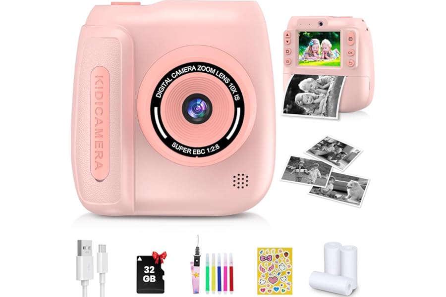 Kids Camera Instant Print, 48MP Instant Camera with 32GB Card & Photo Paper & Sticker, 1080P Videos Toddler Cameras for Childrens, Christmas Birthday Gifts for 10 Year Olds Girls Boys