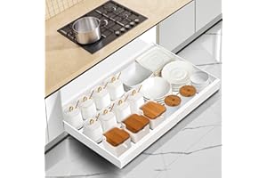 Mimoke Organizador de armario extensible, cajón telescópico con pegamento, organizador de cajones para cocina/baño (blanco, ancho 31-52 cm, profundidad 42 cm)