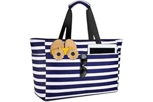 ISEYOU Extra Large Beach Bag, Waterproof Beach Bags with Zip, Lightweight Foldable Beach Tote Bags, Large Capacity Multi-Pocket Beach Bags for Women, Perfect for Pool Shopping Travel Vacation Gym